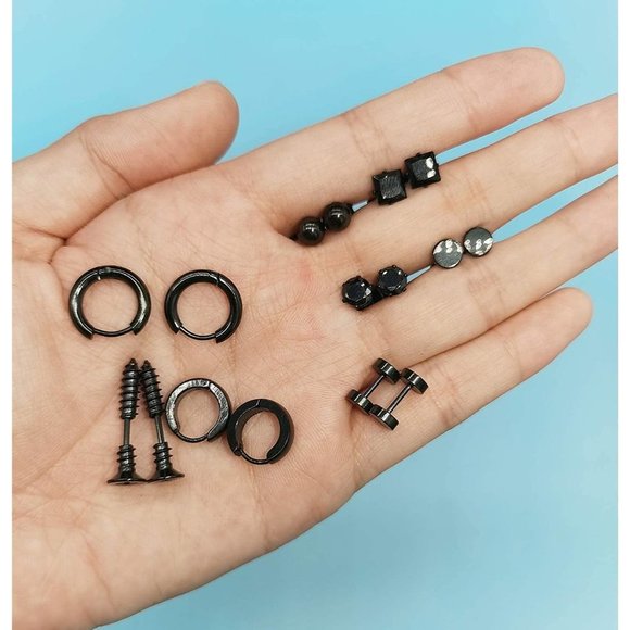14 pairs Punk Black Hoop Dangle Stud Earrings - Picture 6 of 6